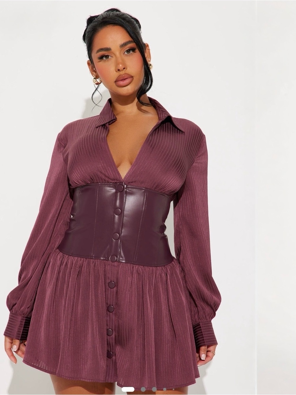 Fashion Nova Mauve Burgundy Button-Front Dress with Faux Leather Waist